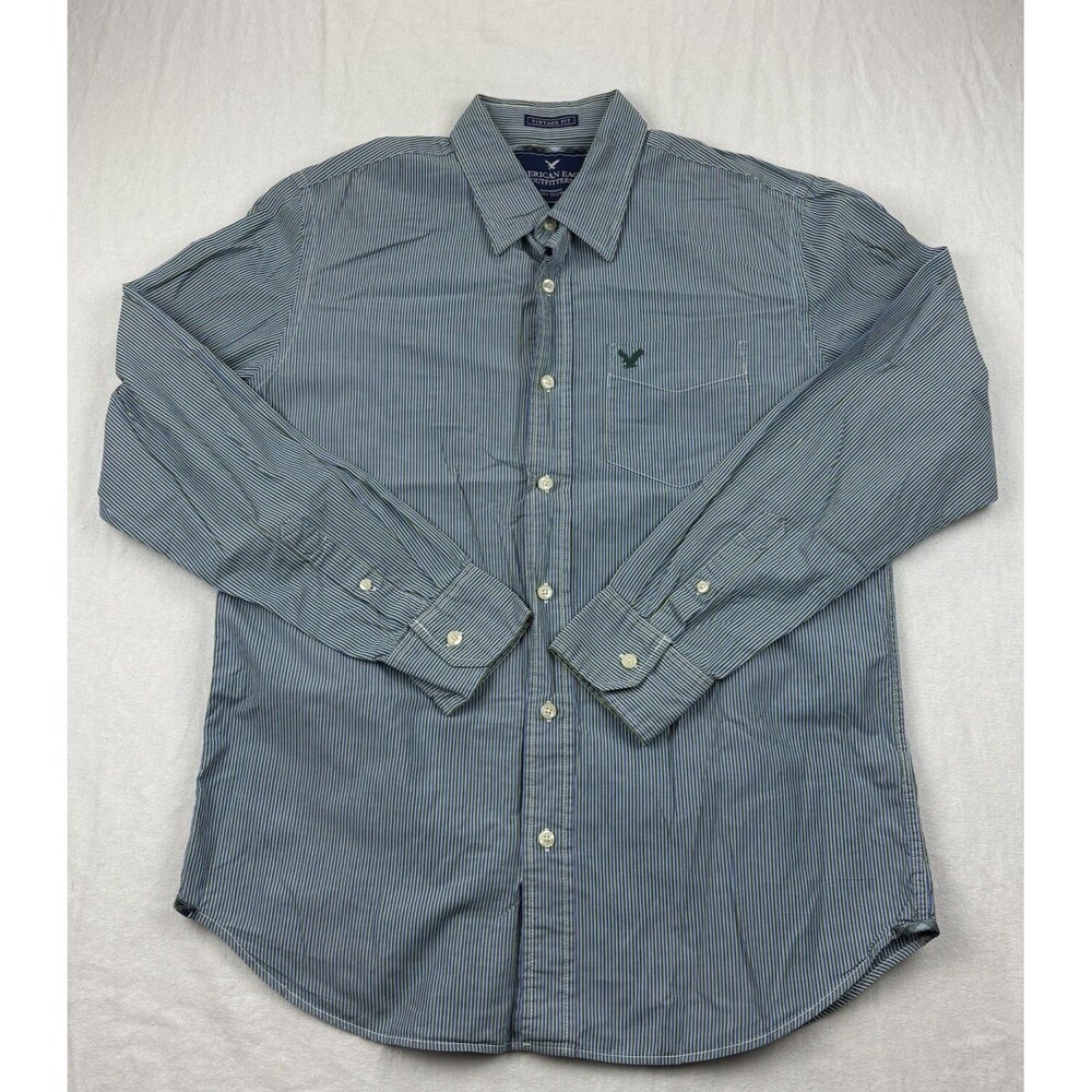 American Eagle Button Up Shirt Mens L Striped Vintage Fit Long Sleeve Blue Green